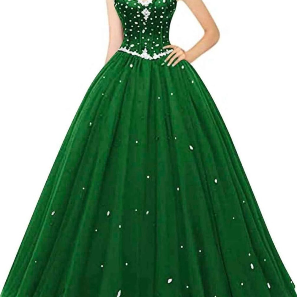 Green Embellished Tiered Prom Gown